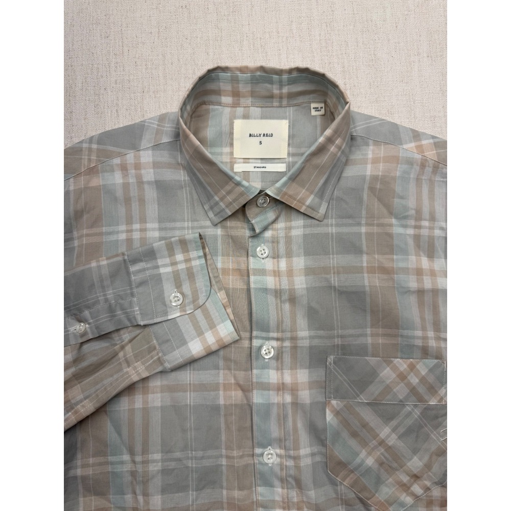 Billy Reid Mens Standard Fit Plaid Button Down Shirt Grey Tan Blue Small Italy
